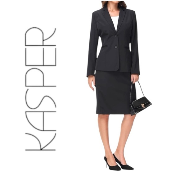 Kasper Petite Black 2pc Career Skirt Suit Skirt & Blazer Jacket Stretch Crepe 8P - Picture 6 of 16